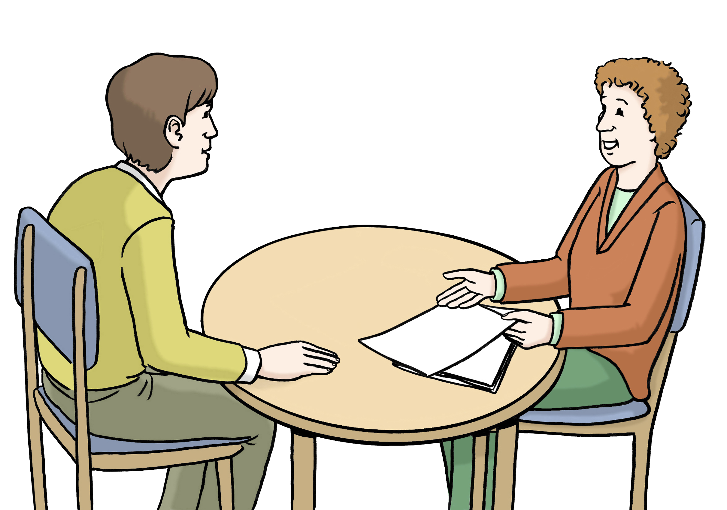 Ein Mann und eine Frau sitzen sich an einem runden Tisch gegenüber und unterhalten sich.