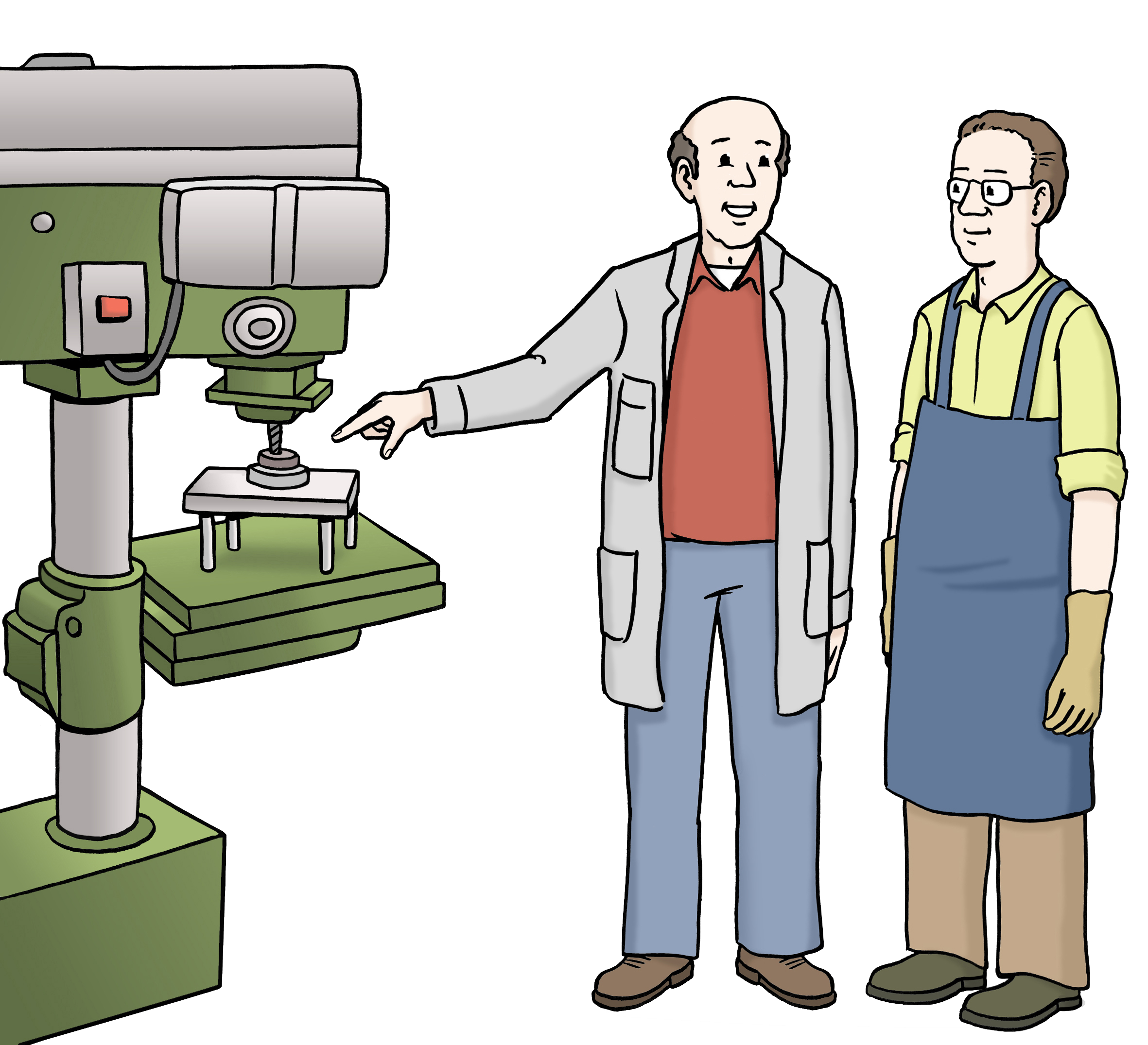 Ein älterer Mann und ein jüngerer Mann stehen neben einer großen Maschine und lächeln.