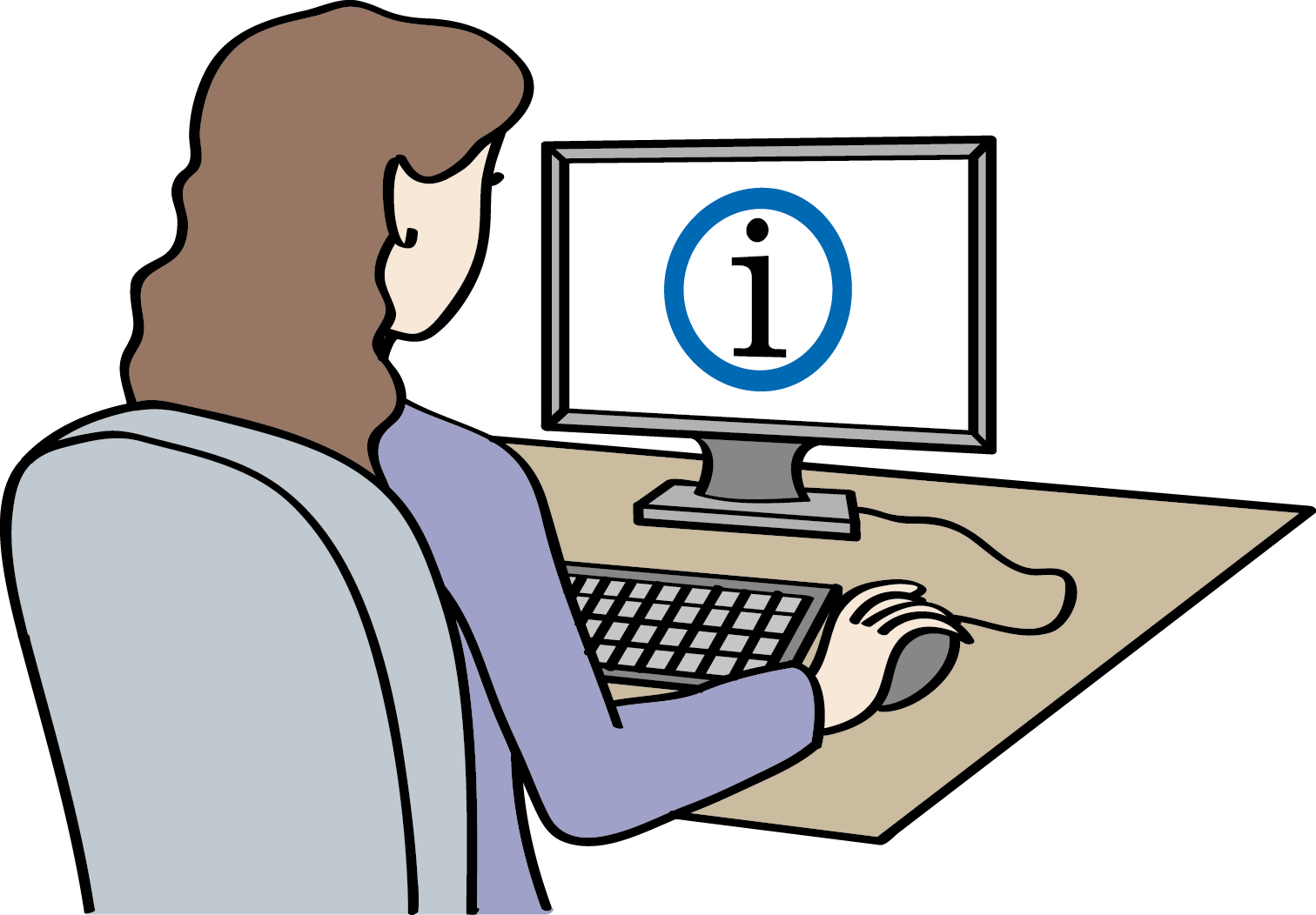 Eine Frau sitzt vor einem PC-Bildschirm. Auf dem Bildschirm ist ein schwarzes "i" auf weißem Grund, umrandet von einem Kreis zu sehen.