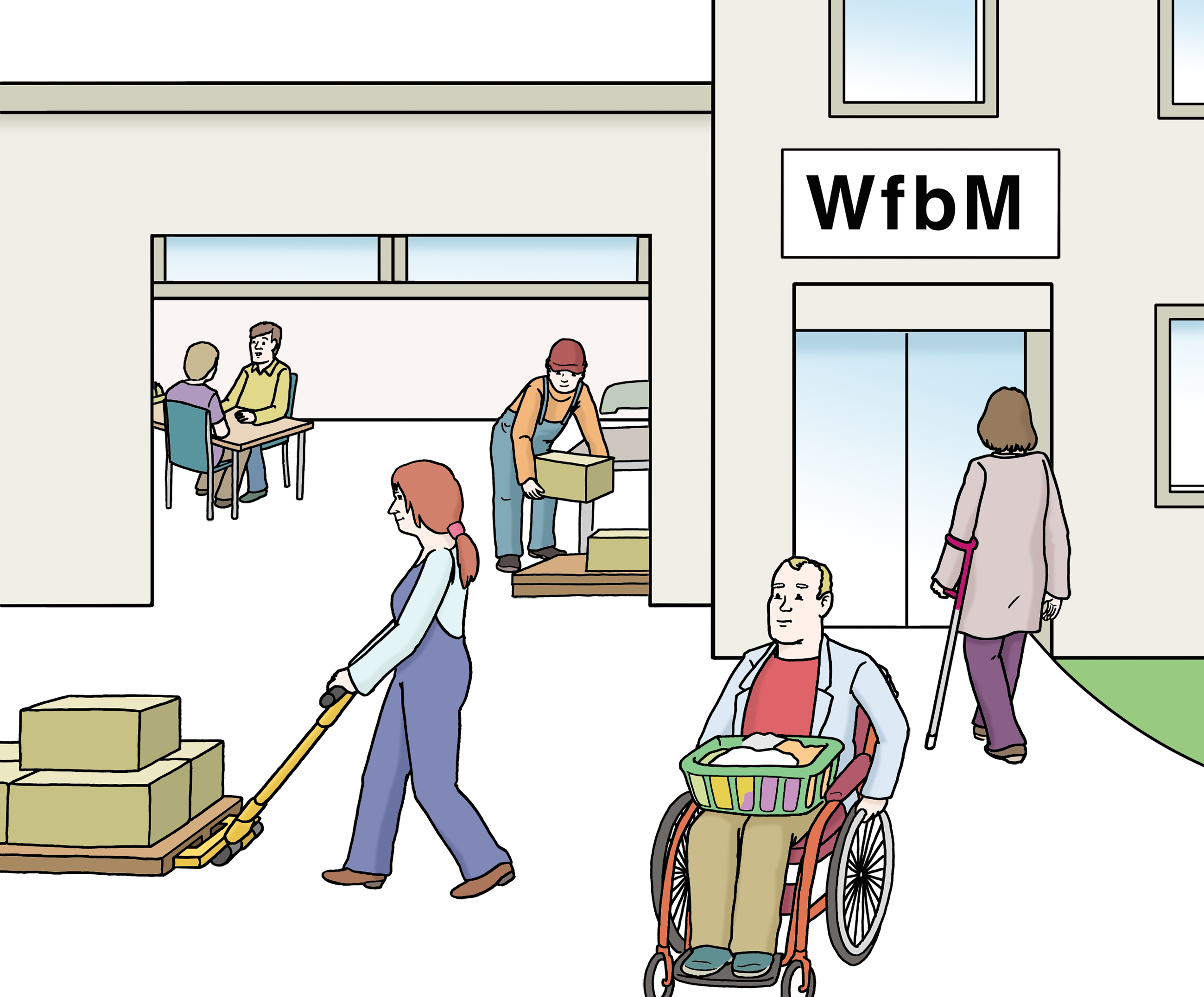 Vor einem Gebäude sieht man verschiedene Menschen bei der Arbeit. Auf dem Gebäude steht das Schild "WfbM".