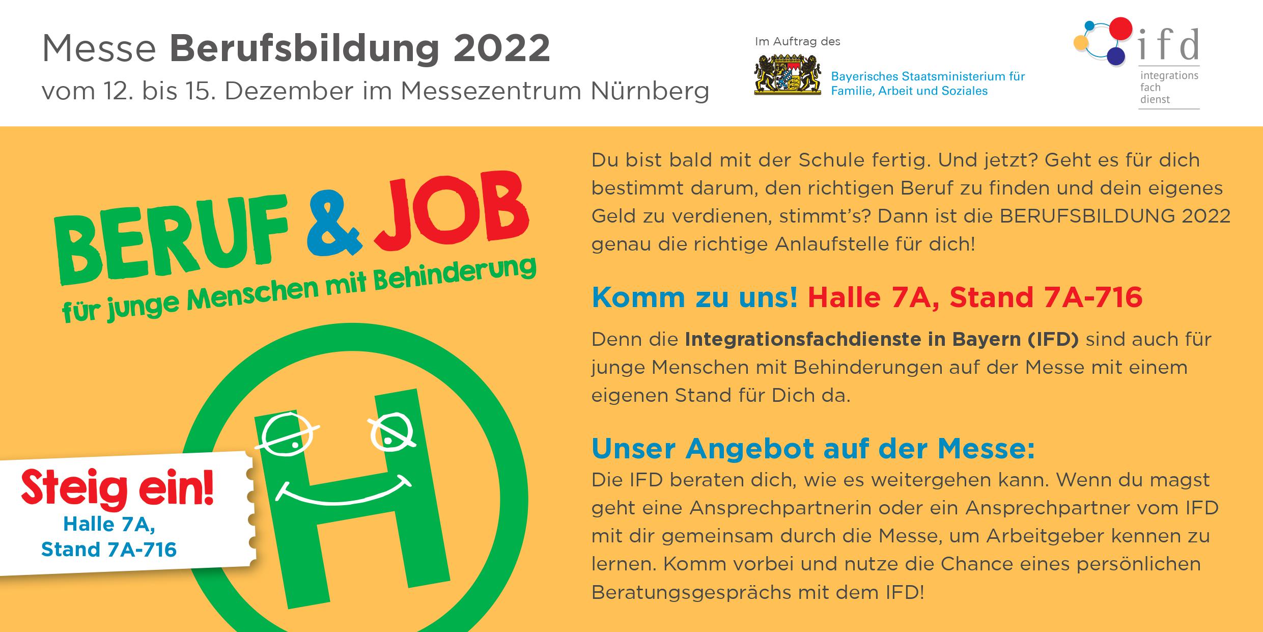 Auf gelbem Grund ist ein grünes Haltestellenschild. Daneben steht eine Beschreibung, was der ifd auf der BERUFSBDILGUN 2022 bietet.
