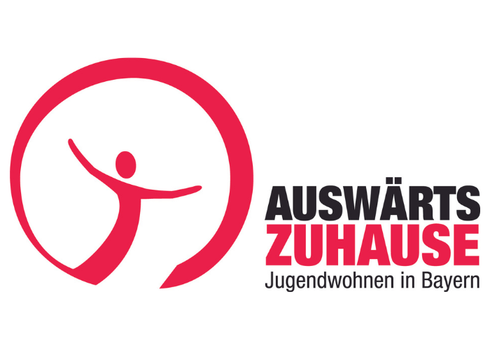 Auf weißem Grund ist das rote Logo des Jugendwohnen zu sehen. Daneben steht „Auswärts zuhause – Jugendwohnen in Bayern“.