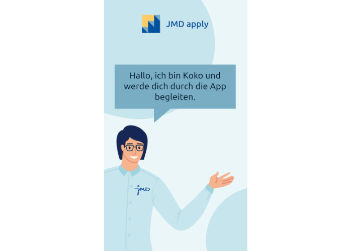 Im Vordergrund befindet sich der virtuelle JMD-Berater. Oberhalb davon ist das „JMD apply“ App Logo.