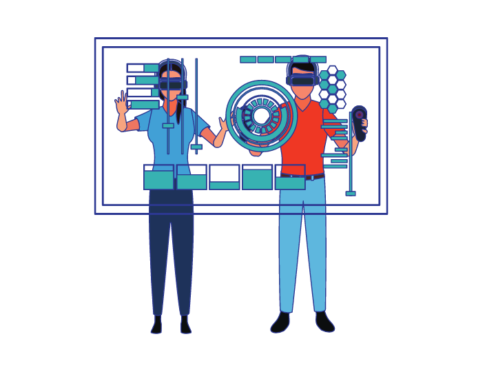 Ein Mann und eine Frau stehen nebeneinander vor einer Projektion. Beide tragen eine VR-Brille.