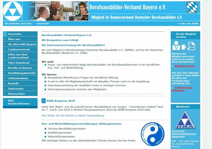 Screenshot der Webseite Berufsausbilderverband Bayern e.V.
