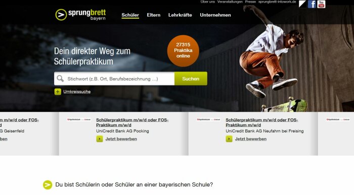 Screenshot der Website Sprungbrett - Schüler