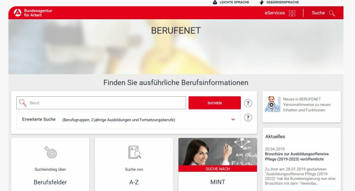 Screenshot der Webseite BerufeNET