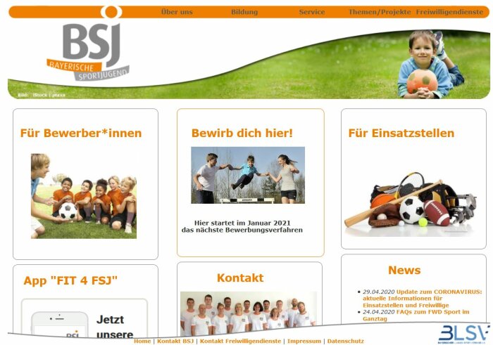 Screenshot der Webseite Freiwilligendienst Sport