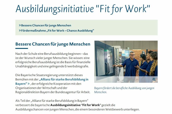 Screenshot der Webseite Ausbildungsinitiative Fit For Work