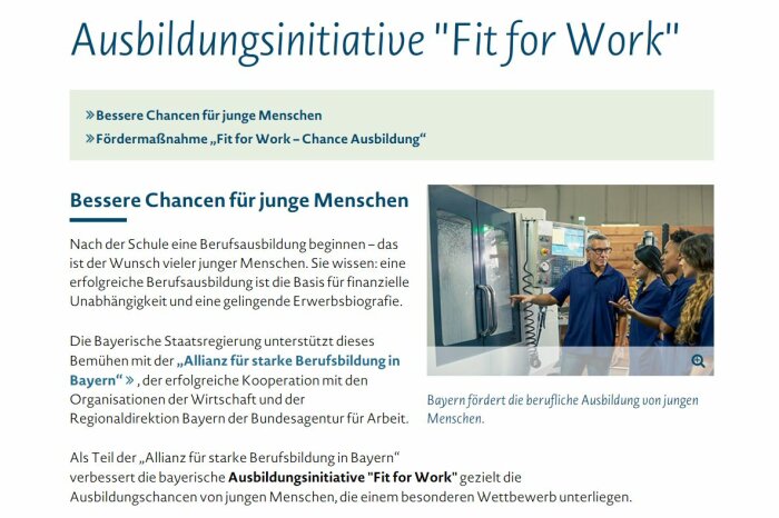 Screenshot der Webseite Ausbildungsinitiative Fit For Work
