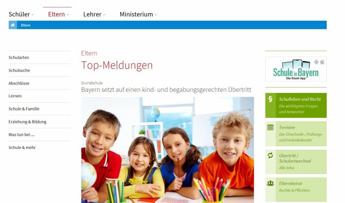 Screenshot der Webseite Bayerisches Kultusministerium - für Eltern