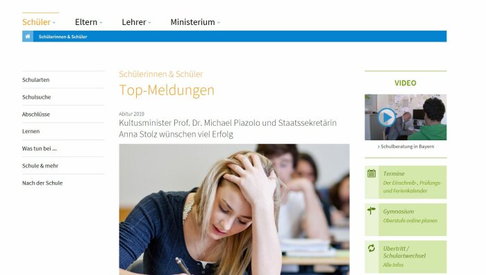 Screenshot der Webseite Bayerisches Kultusministerium - für Schüler/innen