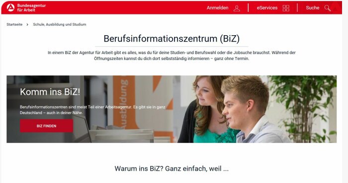 Screenshot der Webseite Berufsinformationszentrum