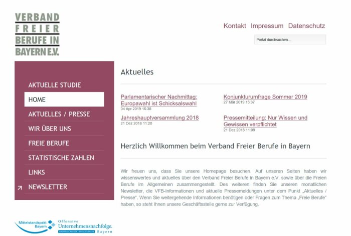 Screenshot der Webseite Verband Freie Berufe Bayern