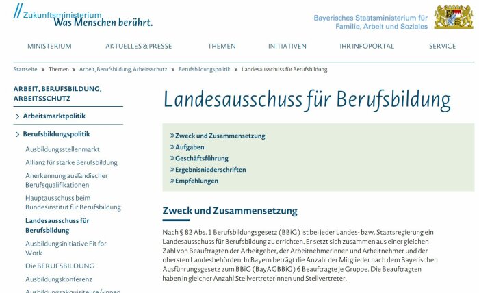 Screenshot der Webseite Landesausschuss Berufsbildung
