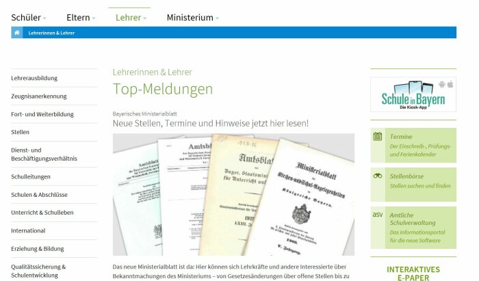 Screenshot der Webseite Bayerisches Kultusministerium - für Lehrer/innen