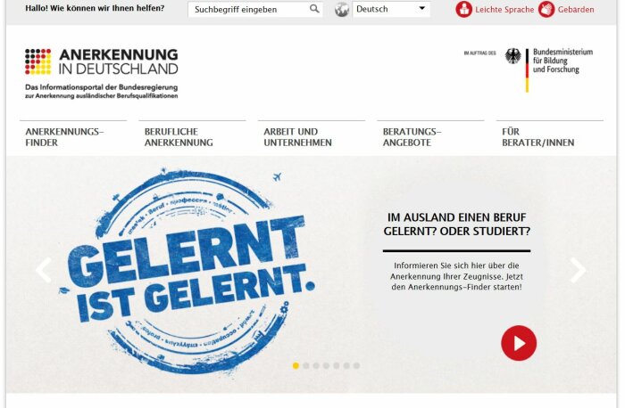 Screenshot der Webseite Anerkennung In Deutschland