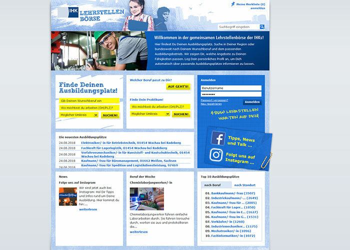 Screenshot der Webseite Industrie- und Handeskammer Lehrstellenbörse