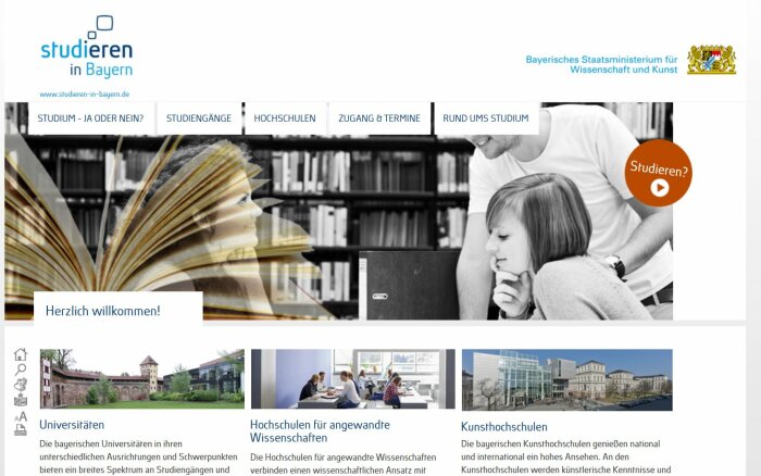 Screenshot der Webseite Studieren In Bayern