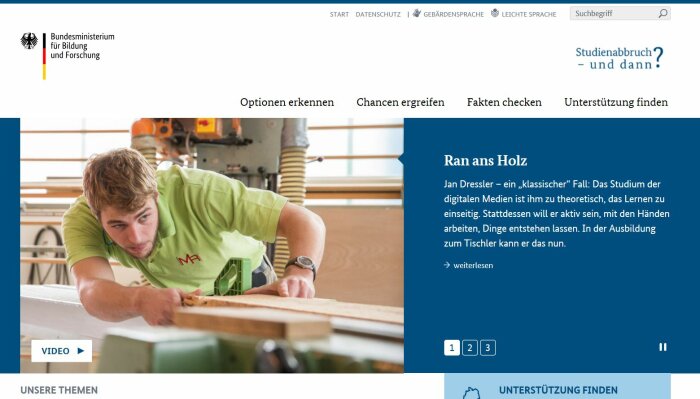 Screenshot der Webseite Studienabbruch - Und Dann