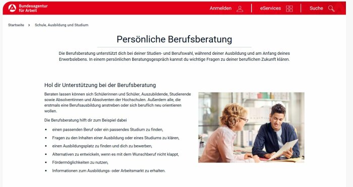 Screenshot der Webseite Persönliche Berufsberatung der Bundesagentur für Arbeit