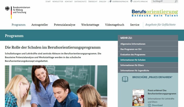 Screenshot der Webseite Berufsorientierung Entdecke dein Talent