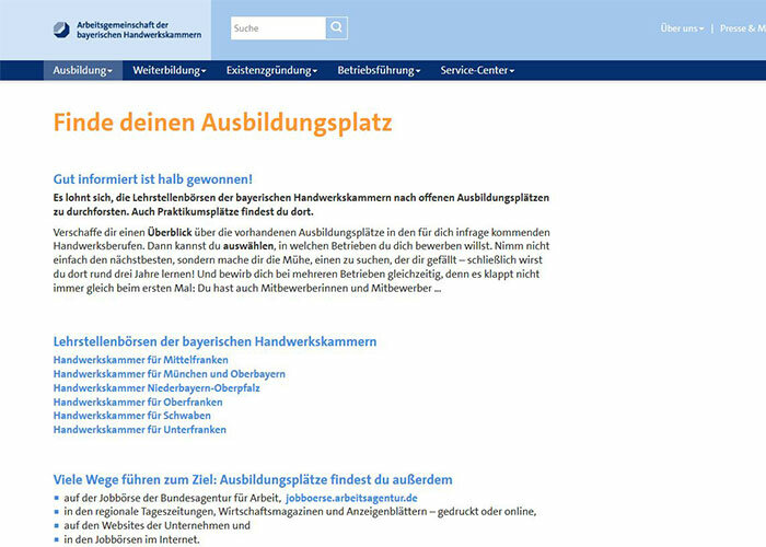 Screenshot der Webseite Handwerkskammer Lehrstellenbörse