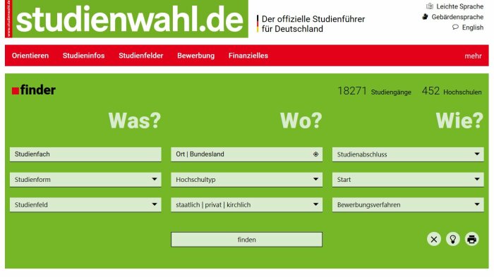 Screenshot der Webseite Studienwahl.de