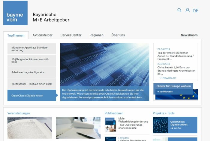 Screenshot der Webseite Bayerische M+E Arbeitgeber - bayme vbm 