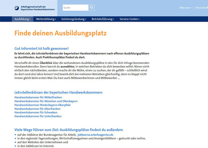 Screenshot der Internet-Seite der Handwerkskammer Jobbörse