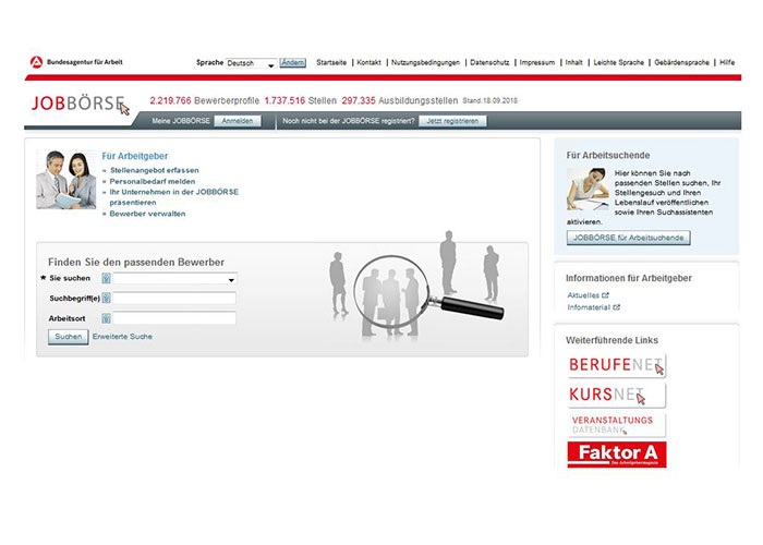 Screenshot der Internet-Seite der Jobbörse der Bundesagentur für Arbeit