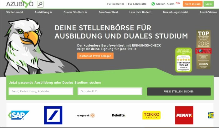 Screenshot der Webseite Azubiyo