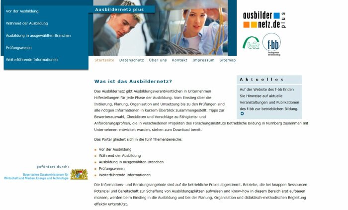 Screenshot der Webseite Ausbildungsnetz Plus