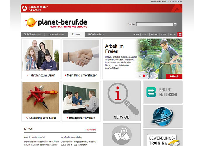 Screenshot der Internet-Seite der Schülerseiten auf www.planet-beruf.de