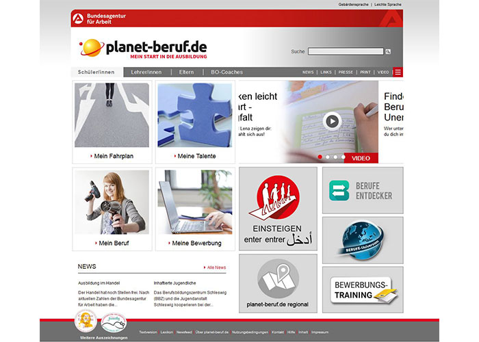 Screenshot der Internet-Seite der Schülerseiten auf www.planet-beruf.de