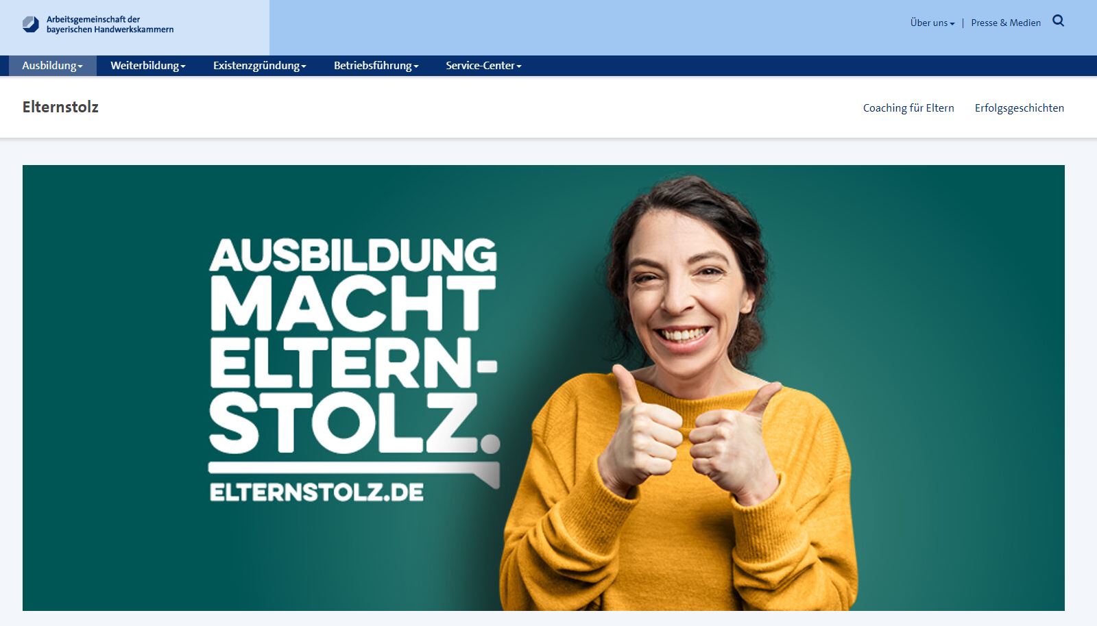 Screenshot der Website https://www.hwk-bayern.de/artikel/ausbildung-macht-elternstolz-74,4882,11147.html