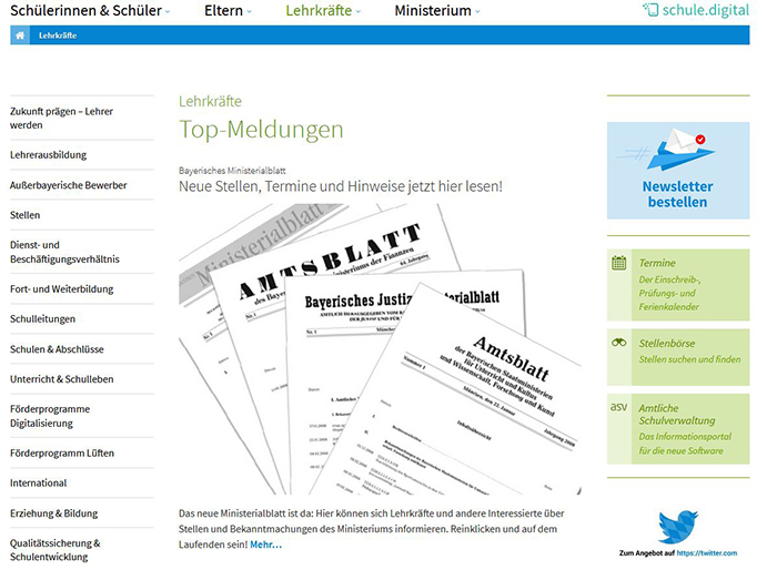 Screenshot der Startseite für Lehrkräfte