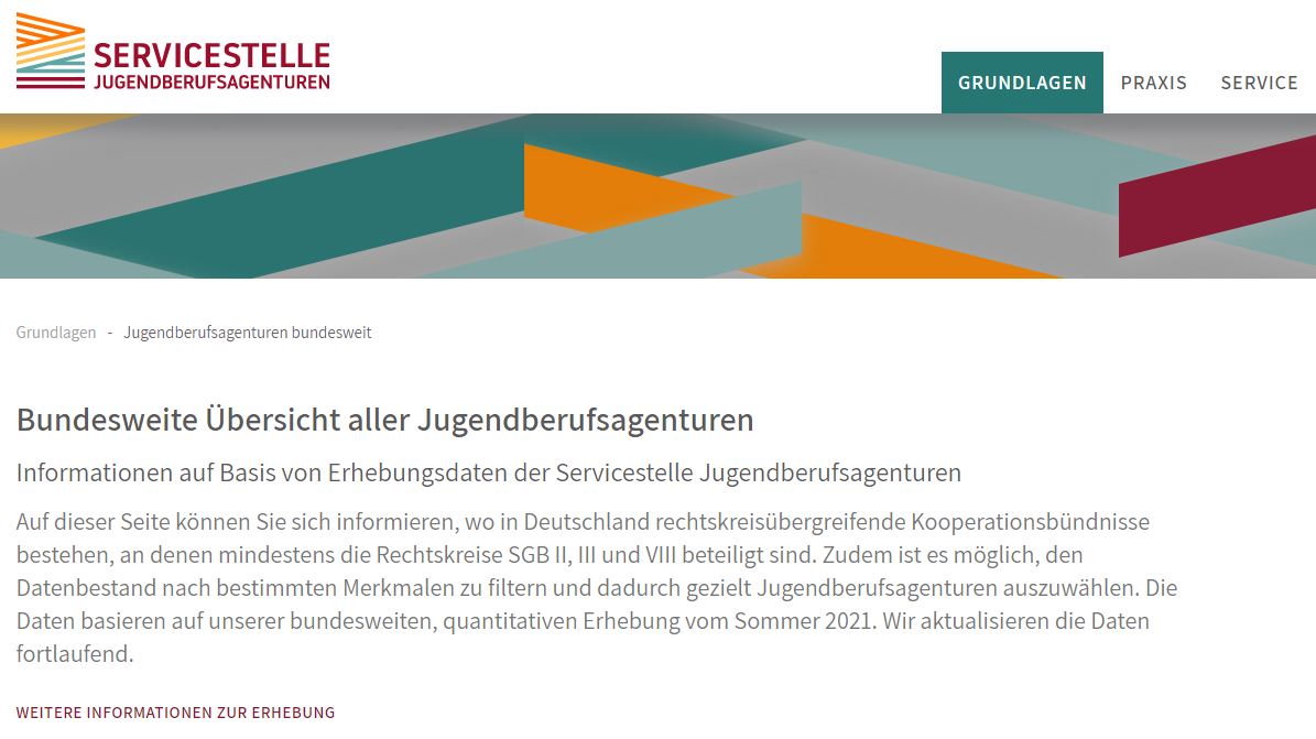 Screenshot der Webseite Servicestelle Jugendberufsagenturen.