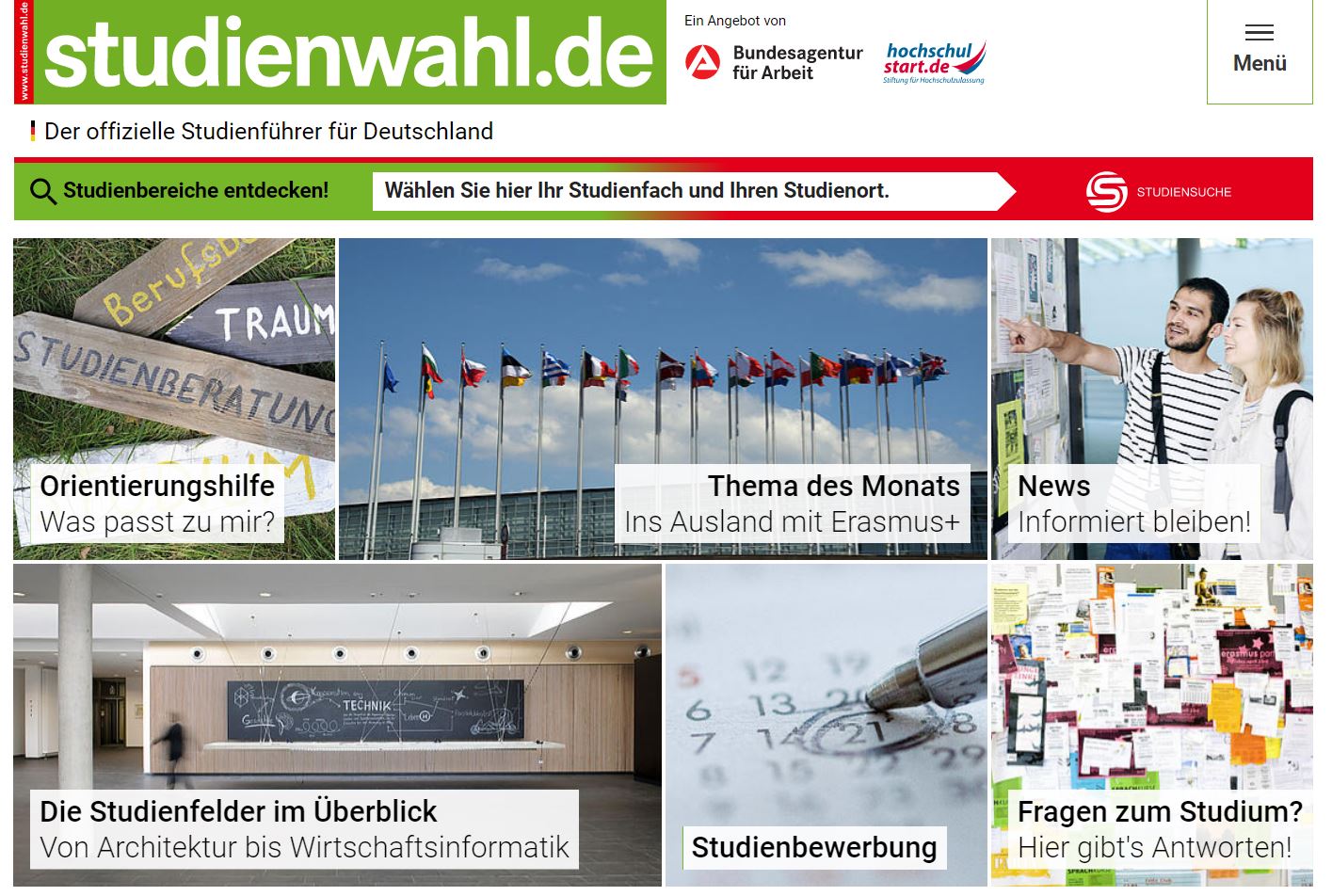 Screenshot der Website studienwahl.de