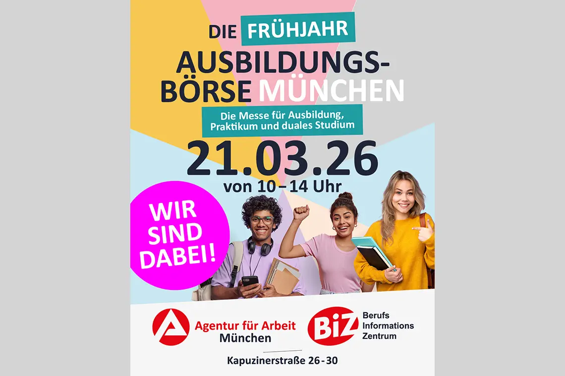 Das Plakat der Arbeitsagentur zur Bewerbung der Veranstaltung mit den Randinfos und drei Jugendlichen, die Bücher in der Hand halten und lächeln.