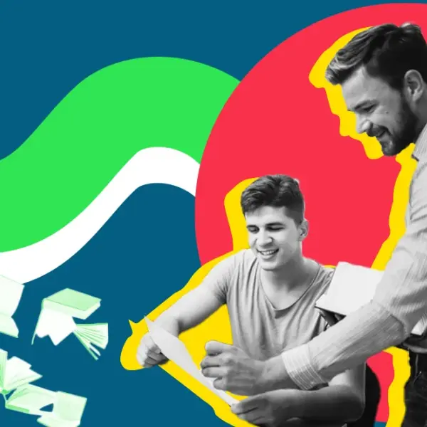 Ein Lehrer zeigt seinem Schüler etwas auf einem Papier, beide haben dabei einen glücklichen Gesichtsausdruck. Im Hintergrund sind verschiedene Formen und Farben, sowie Bücher im Collagen-Stil zu erkennen.