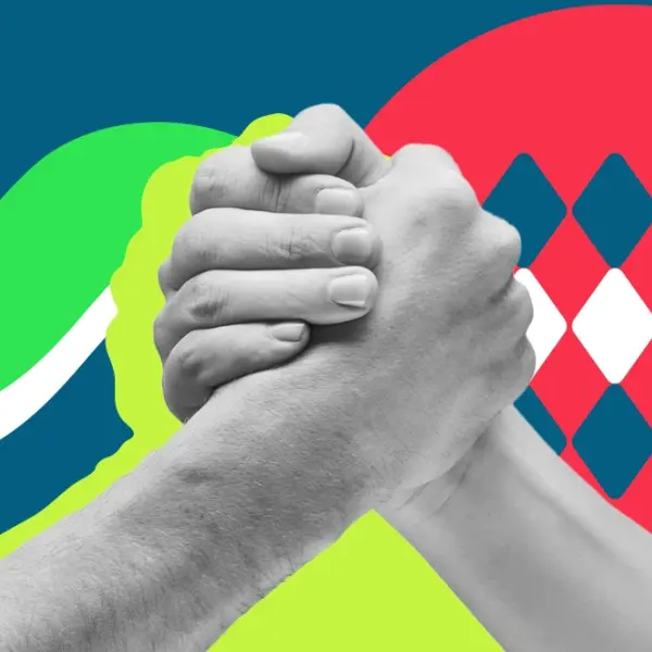 Zwei Hände schlagen ein. Daneben ist die bayerische Flagge angedeutet als Icon platziert, mit verschiedenen Linien und Formen im Hintergrund, sodass eine Collagen-Optik entsteht.