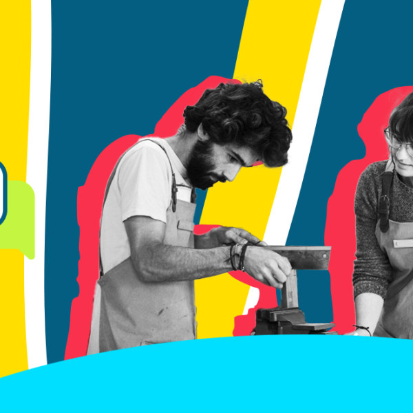 Eine Jugendliche und ein Arbeiter in Arbeitskittel beugen sich über den Tisch und arbeiten mit einem Werkzeug, im Collagenstil und verschiedenen Formen im Hintergrund.
