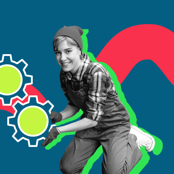 Eine Jugendliche in Arbeitskleidung und Handschuhen hält, dargestellt mit einer Collage, Zahnräder im Iconstil.