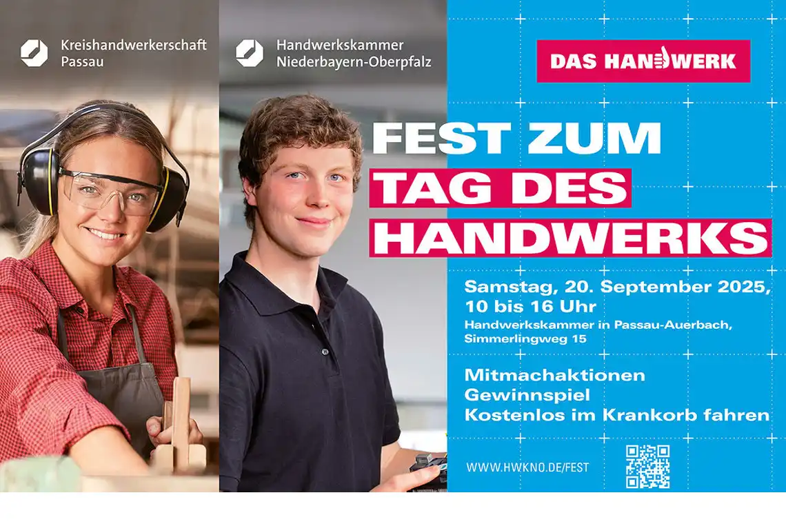 Eine Bewerbung für das Fest zum Tag des Handwerks mit einem Mädchen in einer Werkstatt und einem Jungen mit einem Gerät in der Hand als Werbegesichter.