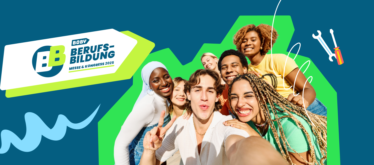 Sieben Jugendliche lachen in die Kamera. Links daneben befindet sich das Berufsbildungs Logo mit der Unterschrift Messe und Kongress 2025.