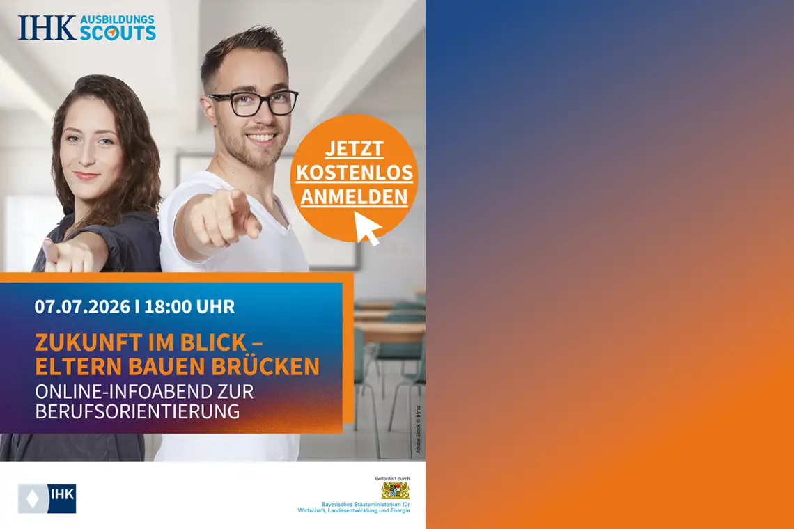 Werbegrafik der IHK Ausbildungsscouts: Zwei junge Menschen zeigen nach vorn, dazu ein großer blauer Textkasten und ein orangefarbener Kreis mit „Jetzt kostenlos anmelden“. Beworbener Online-Infoabend zur Berufsorientierung am 07.07.2026 um 18:00 Uhr.