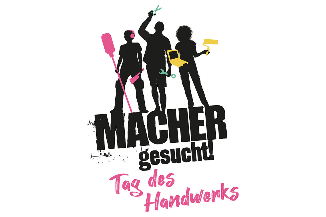 Drei Personen in Form von Schatten halten verschiedene Gegenstände, wie einen Laptop und einen Schraubenzieher in den Händen. Darunter steht: Macher gesucht! Tag des Handwerks