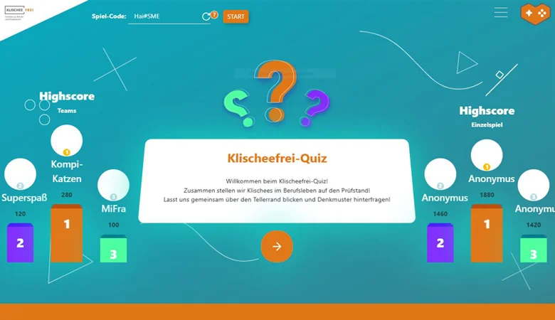 Das Klischeefrei-Quiz in der Start-Ansicht mit einer Begrüßung und dem Aufruf, Klischees zu hinterfragen. Daneben sind die Highscores aus dem letzten Spiel gelistet.