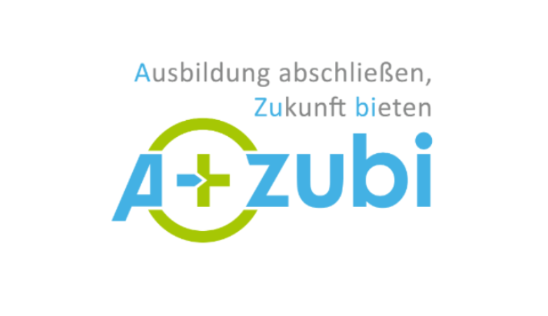 Auf weißem Grund ist in hellblauer Schrift das Logo „A+zubi“ abgebildet.